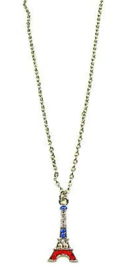 Collier Tour Eiffel argentée 2 pieds avec strass tricolores