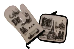 Gant de cuisine et manique souvenir de Paris noir et blanc