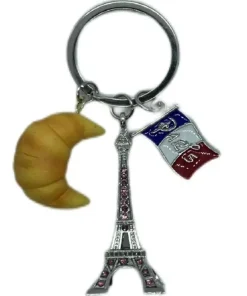 Porte-clés Tour Eiffel + Croissant 3D et mini drapeau France