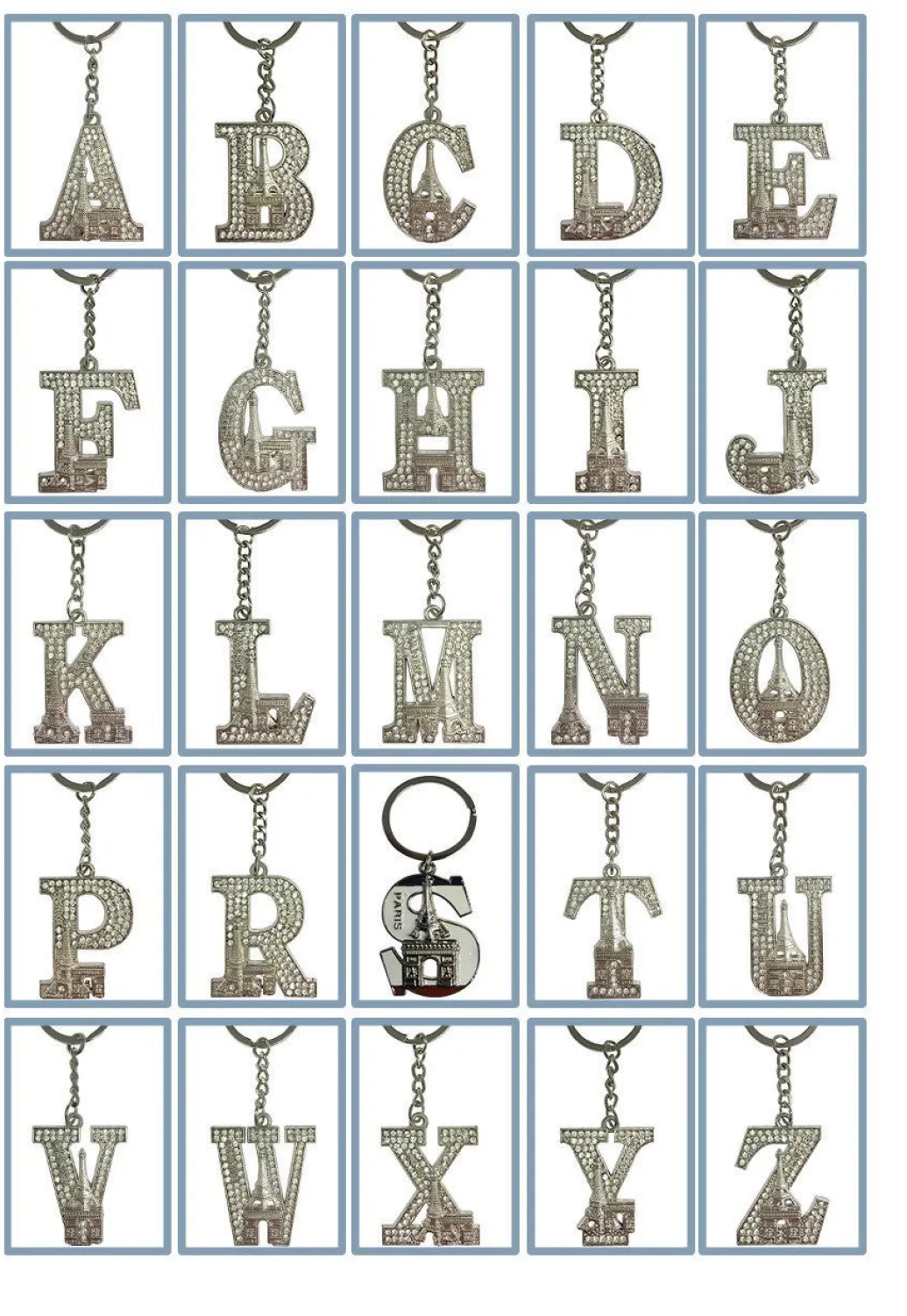 Porte-clés Tour Eiffel strass alphabet initiales