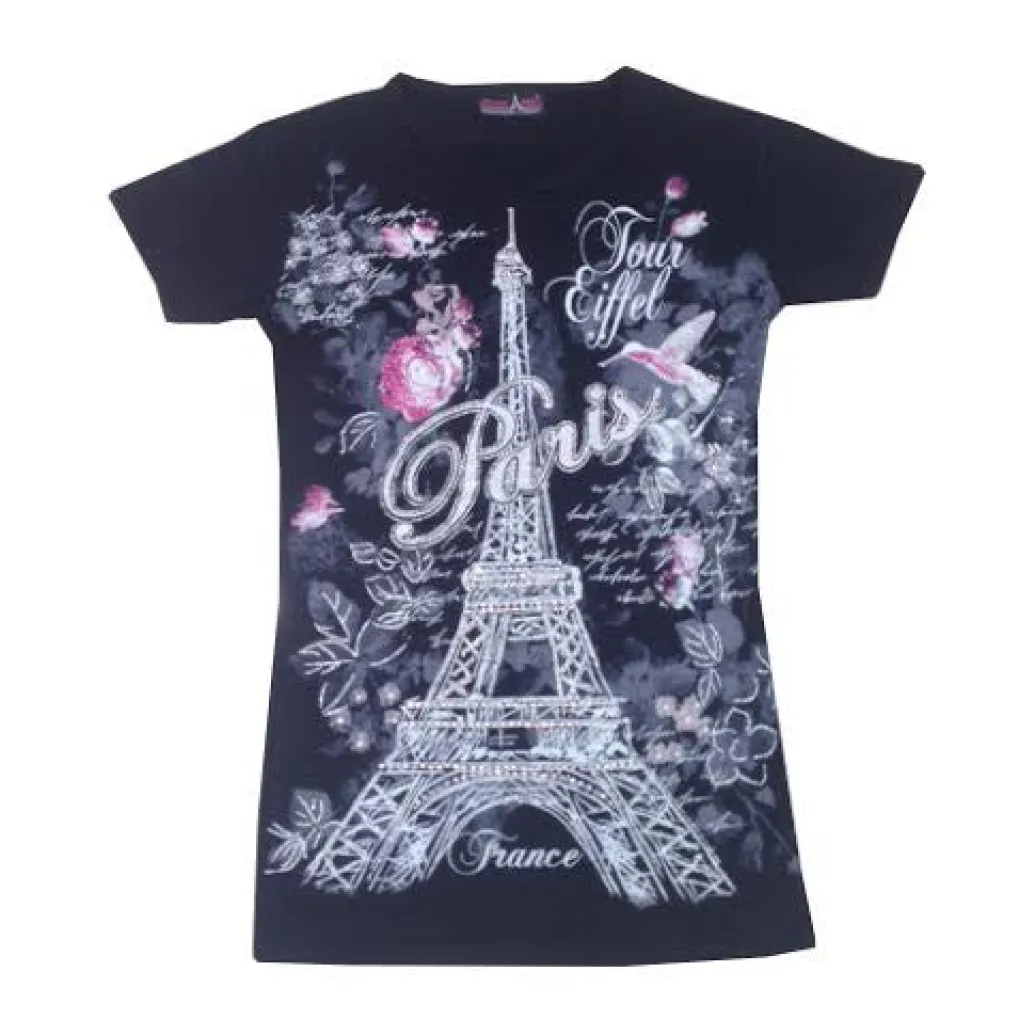Tee shirt noir Paris Tour Eiffel "La violette" strass