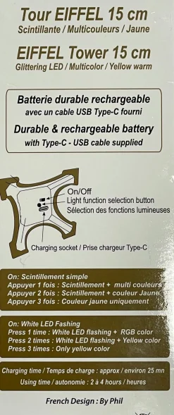 Tour Eiffel LED scintillante FULL couleurs batterie Lithium rechargeable