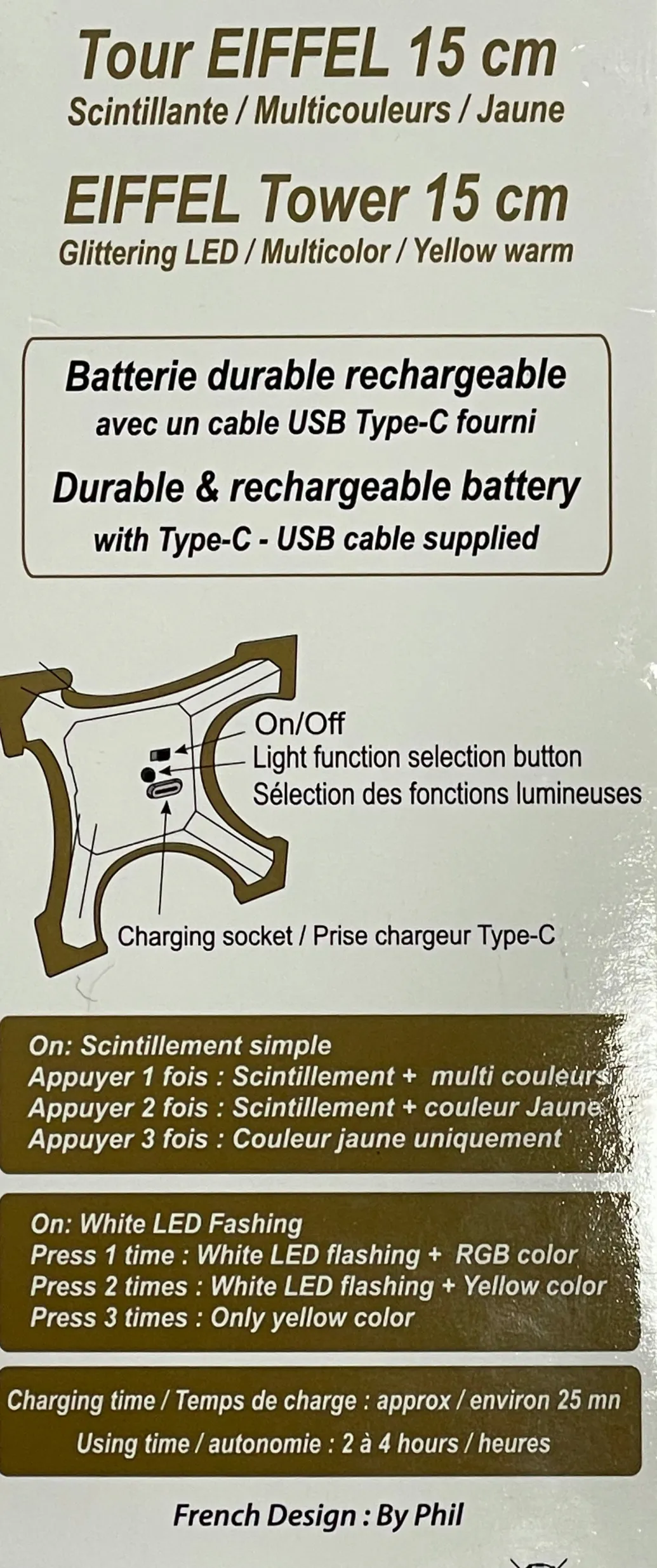 Tour Eiffel LED scintillante FULL couleurs batterie Lithium rechargeable