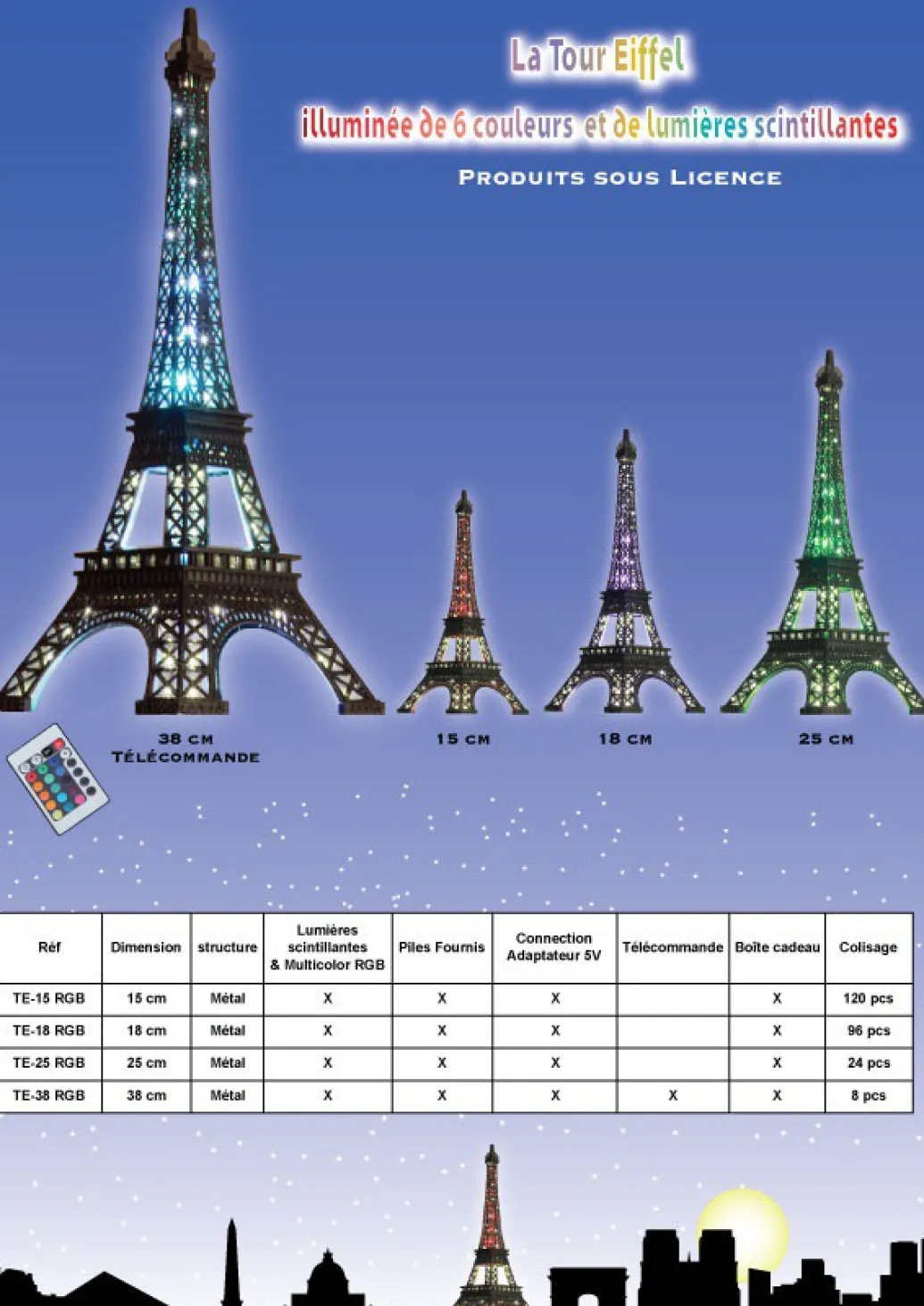 Tour Eiffel lumineuse et scintillante - 6 couleurs LED