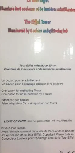 Tour Eiffel lumineuse et scintillante - 6 couleurs LED