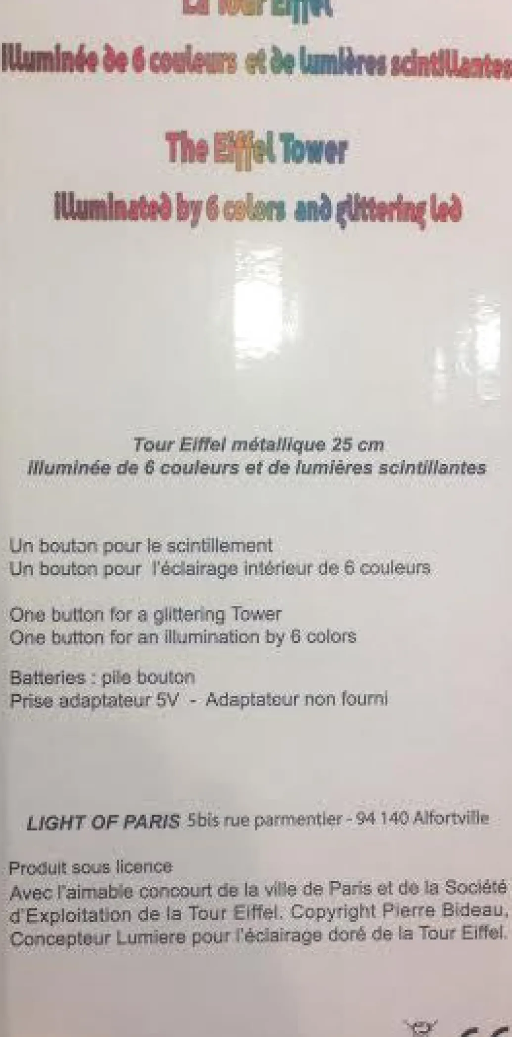 Tour Eiffel lumineuse et scintillante - 6 couleurs LED