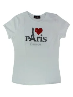 T-shirt Femme Paris cล“ur strass blanc